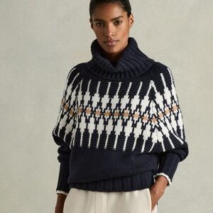 REISS Emma Navy Blue Cream Fair Isle Turtleneck Sweater